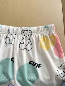 SHEIN 青少年女孩夏季可愛睡衣，熊圖案居家服，家庭配色拼色睡衣夏季套裝 - 彩色 - 查看 4