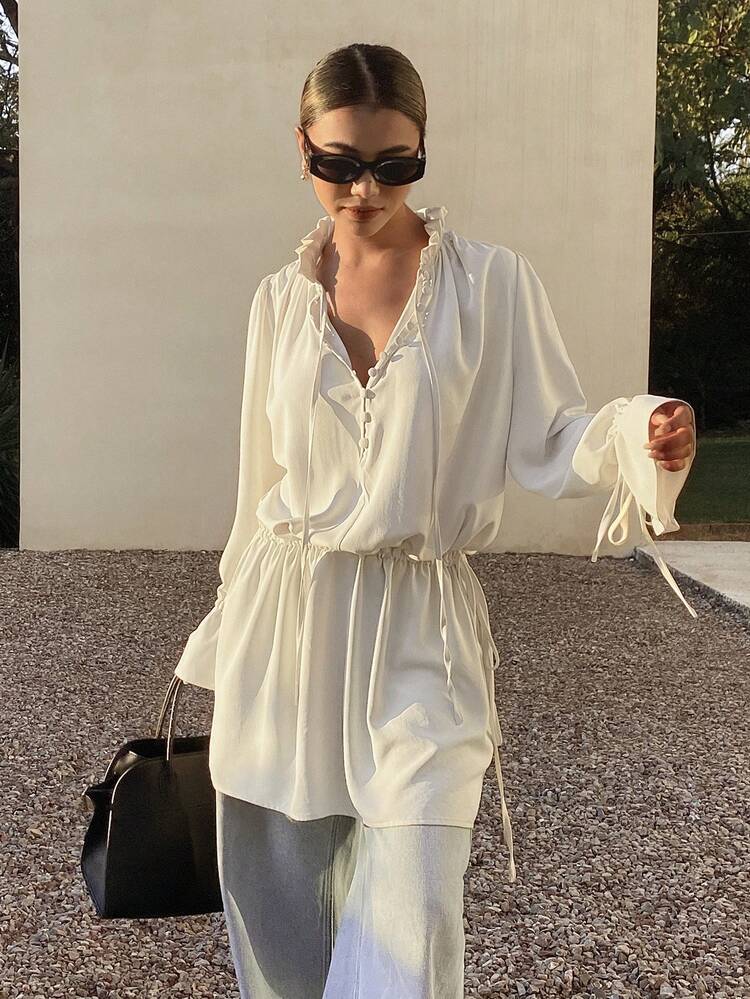 Women's Solid Color Loose Cinched Waist Tie Elegant Maxi Shirt, Spring/Autumn Long Sleeve