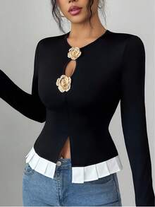 Rafferiza Women's Knit Black Long Sleeve Cinched Waist T-Shirt With Front Hollow Metal Flower Accent And Pleated Hem, Elegant For Dates, Christmas/Winter Wear - Black - View 1