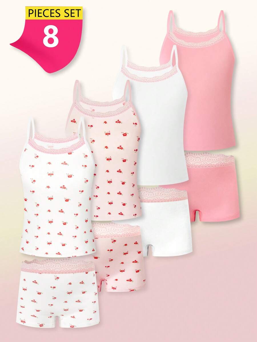 Conjunto de 4 piezas de ropa interior suave y cómoda con estampado floral para niñas, lindo y dulce, se puede usar como ropa exterior - Multicolor - Ver 1