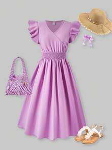 ChillGRL Teen Girl Purple Casual Vacation Beach Round Neck Cap Sleeve Textured A-Line Waist Dress, Spring/Summer - Purple - View 9