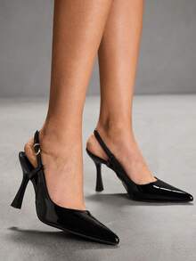 CUCCOO SZL 女士尖头细高跟黑色后系带露跟高跟鞋 简约优雅时尚性感派对宴会女士高跟鞋 女鞋 - `鏡面黑色 - 查看 9