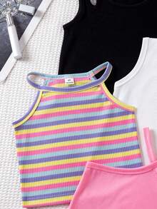 SHEIN Young Girls' Sleeveless Casual Ribbed Tank Top, Versatile For Daily Wear, Summer - Multicolor - View 5