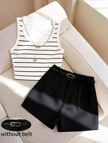 GlowEve Petite 女士U领无袖休闲条纹背心短裤两件套，夏季 - 黑與白 - 查看 1