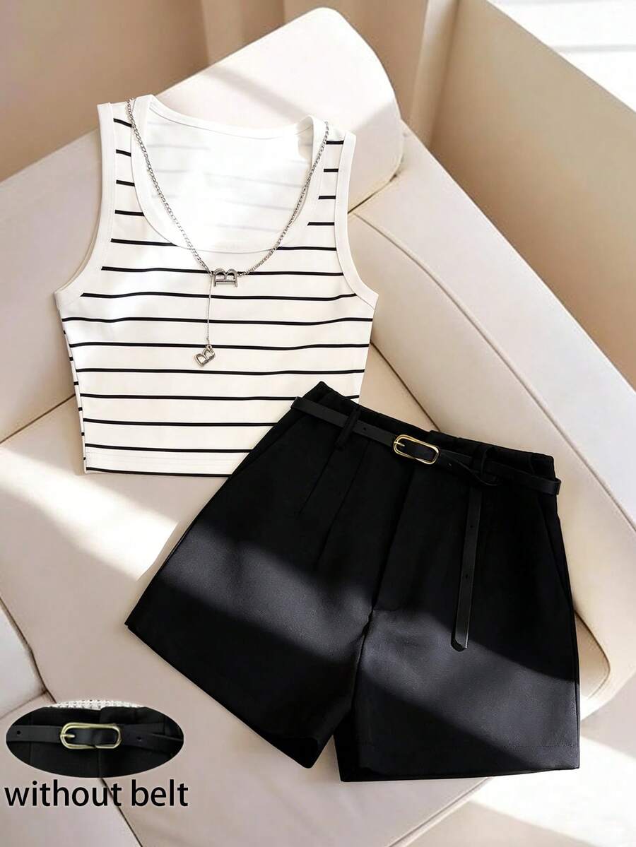 GlowEve Petite 女士U领无袖休闲条纹背心短裤两件套，夏季 - 黑與白 - 查看 1