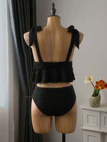 Vaytide Bộ bikini Bellisia dành cho nữ, chất liệu vải dệt đặc biệt, kiểu yếm và quần bơi, thích hợp cho kỳ nghỉ biển, đồ bơi màu đen có bèo nhún. - màu đen - Xem 6