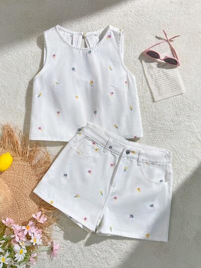 Soleia Women's Ditsy Floral Sleeveless Casual Tank Top And Denim Shorts Set, Summer