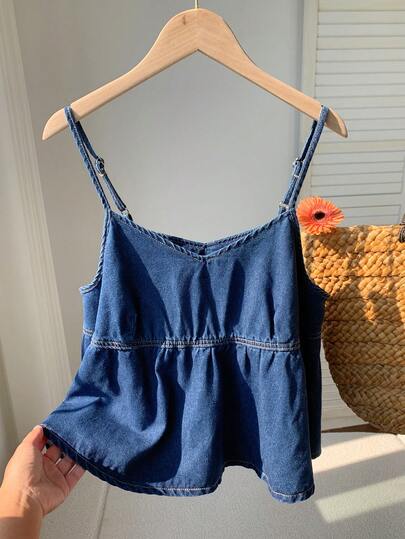 Comfortcana 女士纯色简约休闲牛仔吊带背心