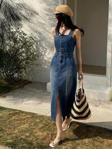 DAZY Women's Waist Cinching Suspender Dress, Casual & Elegant Denim Jumper Dress - Medium Wash - View 2