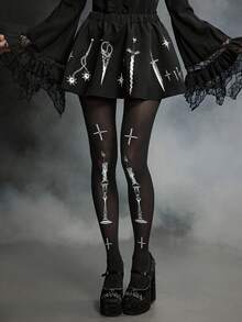 ROMWE Goth Saia evasê com estampa de martelo meteoro, espada, corrente e garfo em estilo gótico para mulheres. - Preto - Ver 5