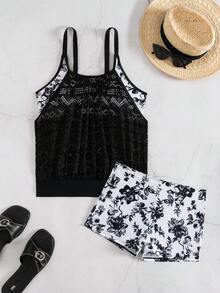 Swim Lushoire 2件套夏季沙滩女士碎花随机图案吊带背心式泳衣上衣和短裤套装 - 彩色 - 查看 4