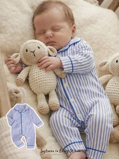 Cozy Pixies Newborn Baby Girl/Boy Striped Pattern Lapel Long Sleeve Jumpsuit, Versatile & Comfortable