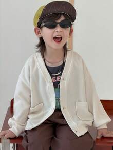 Dazy Kids Toddler Boys' Loose V-Neck Cardigan Jacket, Casual Textured Fabric, Autumn - Beige - View 3