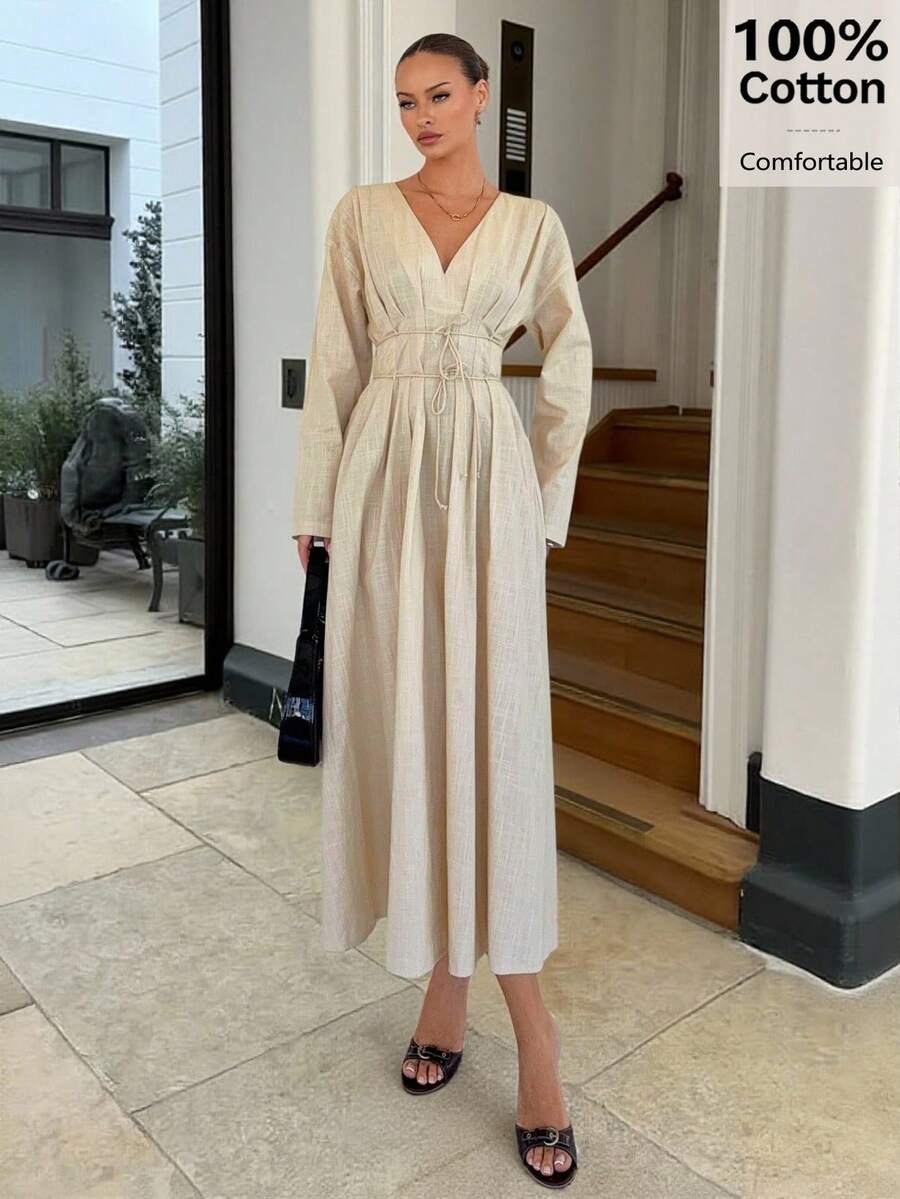 Siren Gaze 性感V领褶皱系腰长袍，休闲宽松高腰纯色长袍，适合办公室女士通勤，时尚单排扣腰带垂褶V领无袖女式连衣裙，独特假日派对装扮，复古秋冬女装 - 杏色 - 查看 1