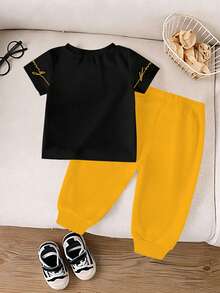 2件套男婴国王图案条纹印花短袖圆领T恤和针织裤套装，经典舒适短袖T恤搭配休闲长裤，春夏皆宜 - 彩色 - 查看 2