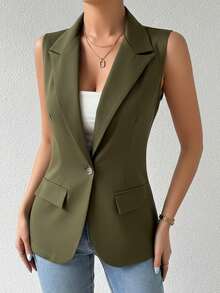 EMERY ROSE Áo blazer nữ không tay màu xanh ô liu thanh lịch, kiểu dáng thường ngày, cổ ve áo cài nút, chất liệu vải dệt trơn, dáng regular fit. - Màu xanh Ô liu - Xem 4