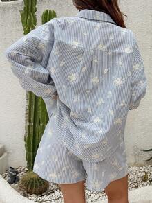 DAZY Women's Vacation Casual Striped Embroidered Shirt And Shorts 2 Pieces Set - Blue - View 6