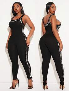 SHEIN SXY 大码方领无袖修身亮面连体裤 - 黑色 - 查看 3