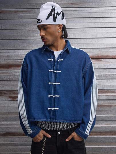 AXEPEAK جاكيت جينز مغسول للرجال، طراز صيني عصري مطبوع بخطوط، أكمام طويلة، ملابس خارجية كاجوال