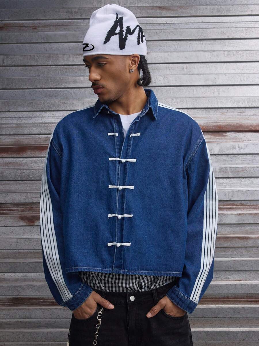 AXEPEAK Men's Washed Denim Jacket, Chinese Style Fashion Striped Print Long Sleeve Casual Outerwear - Blue - View 1