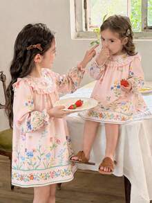 LMoss Kids 少女花卉印花荷葉邊休閒度假日常洋裝 - 粉色 - 查看 5