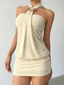 Aloruh 女士 Y2K 前卫性感紧身露背金属纽扣装饰亮片迷你超短连衣裙，杏色 - 杏色 - 查看 4