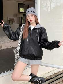 DAZY Áo khoác da giả có mũ trùm đầu, tay dài màu trơn, khóa kéo phía trước, mặc thường ngày, trang phục mùa thu cho nữ - màu đen - Xem 4