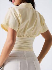 LYSMO 2026 New Arrive Minimalism Spring/Summer Women's Solid Batwing Sleeve Ruched Wide Hem Blouse - Light Yellow - View 2