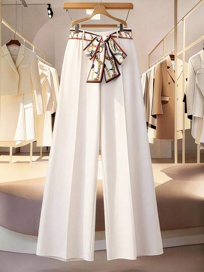 GlowEve CURVE Plus Size Women's Elegant Apricot Suit Pants With Waist Tie, Office Commute Contrast Pocket Trousers, Graceful Leisurely Vintage Style Pants, Suitable For Graduation, Holidays, Valentine's Day, Music Festivals, Mother's Day, Halloween, Thanksgiving, Easter, National Day, Balls, Dates, Parties, Weddings, Outings