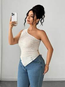 Elenzga Blusa de mujer talla grande de verano, nueva, de punto blanco con textura, fruncida y asimétrica de un solo hombro, de moda y sexy. Adecuada para: uso diario, vacaciones, fiestas, reuniones - Blanco - Ver 4