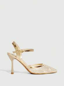 CUCCOO SZL Tacones altos de punta fina para mujer con strass dorados, malla, elegantes y sexy para fiesta y boda con correa de tobillo - Oro rosa - Ver 4