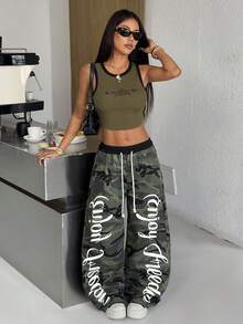 SHEIN PETITE 夏季小码女士休闲阔腿牛仔裤，双腰设计，妈妈款牛仔裤，牛仔牛仔裤，喇叭裤，低腰宽松牛仔裤，保暖衣物，冬季女裤，感恩节穿搭，小码宽松牛仔裤 - 軍綠色 - 查看 7