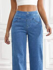 SHEIN Unity Women's Pocket Button Casual Versatile Daily Wear Wide Leg Jeans - Light Wash - View 9