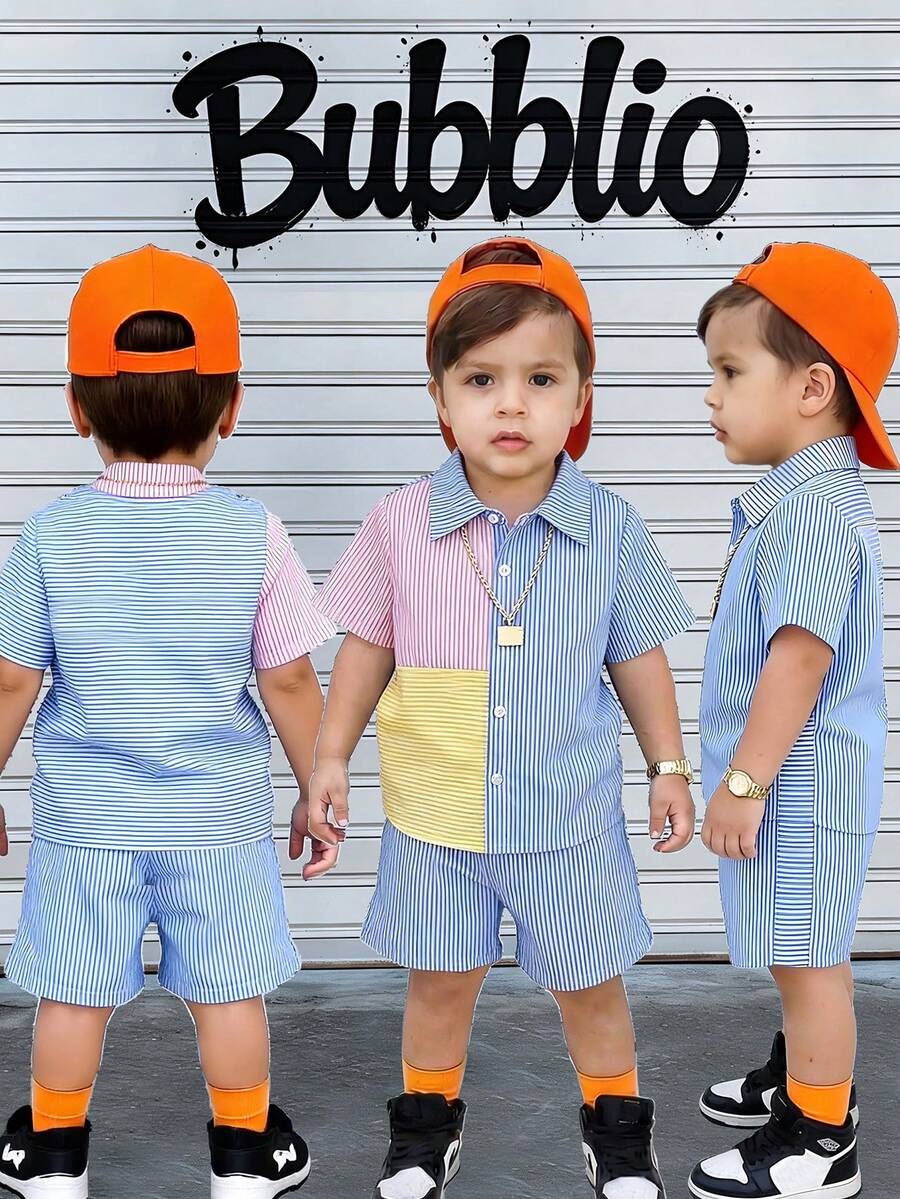 2pcs Young Boys Cute Striped Color-Blocked Stand-Collar Short-Sleeved Shirt And Shorts Set,Casual Comfortable Summer Outings Vacations School Outfits