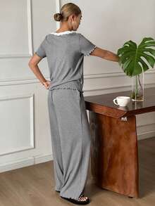 DAZY Contrast Color Trim Knit Women Pajama Set - Grey - View 2