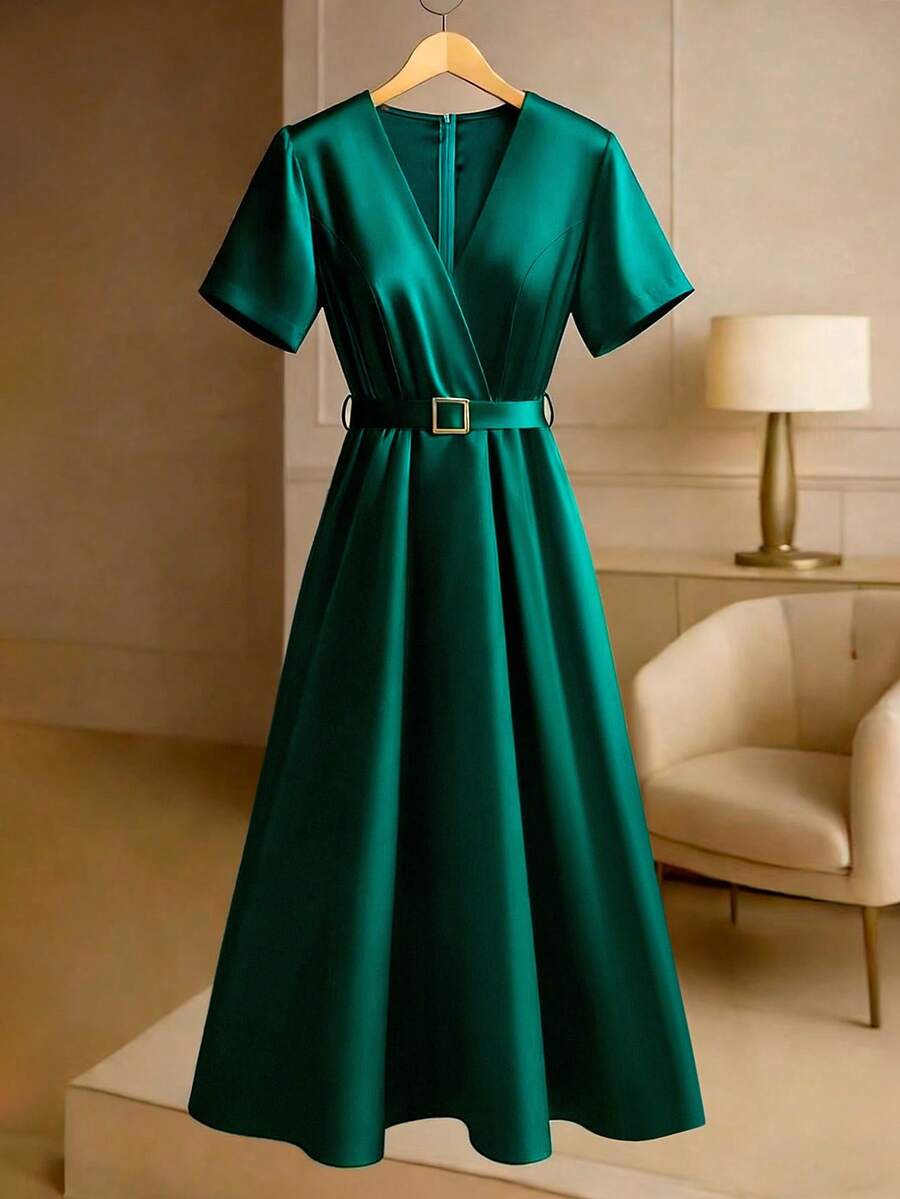 GlowEve CURVE Đầm maxi cỡ lớn dành cho nữ, cổ chữ V, tay ngắn xòe, viền bèo nhún ở eo, trang trí khóa kim loại, thanh lịch, thích hợp cho tiệc tùng, Ngày Valentine, Giáng sinh, mùa cưới, mùa xuân/hè. Đầm satin sang trọng dành cho nữ, đầm satin thanh lịch, đầm dạ hội chất lượng cao. - màu xanh lá - Xem 1