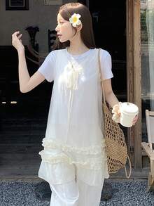 DAZY Đầm ngắn không tay cổ tròn buộc dây, viền bèo nhún, phối nhiều mảnh vải, kiểu dáng giản dị và thanh lịch dành cho nữ, thích hợp cho mùa hè. - trắng - Xem 4