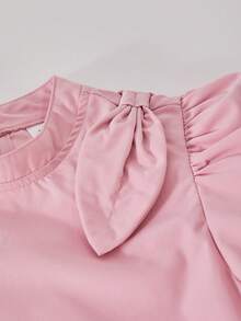 ChillGRL Girls Elegant Puff Sleeve Dress, Featuring 3D Bow, Embroidered Sequin Chest Flower, Mesh Ruffle Trim, Comes With Handbag, Suitable For Casual Wear In Spring/Summer - Pink - View 7