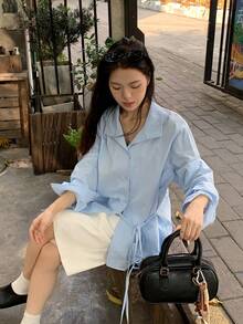 FRIFUL Camisa suelta de unicolor con cuello regular y cordón en la cintura para mujer - Azul - Ver 3