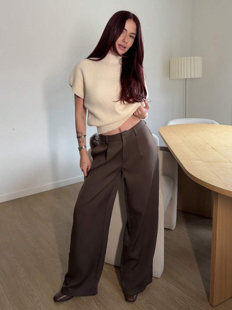 Abrilcols 女士优质高腰优雅修身阔腿裤 - 摩卡棕 - 查看 1