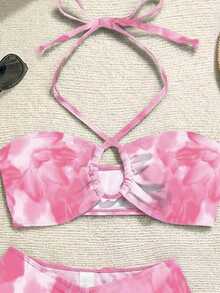 Soleia Women's Summer Beach Floral Print Halter Tie Fashionable Bikini Set With Matching Sarong Skirt - Pink - View 3