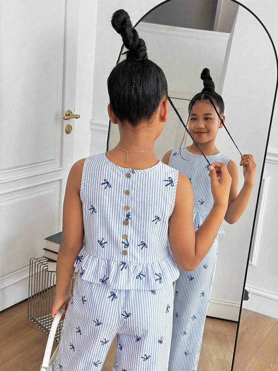 SHEIN 少女度假休闲编织蓝色蝴蝶结印花条纹吊带背心和阔腿裤套装，蓝色条纹背心两件套 - 藍色 - 查看 1