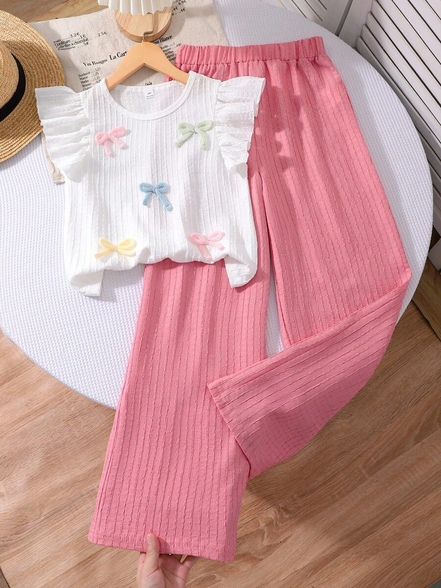 SHEIN Sparklyn 2件套女童休闲T恤套装，纯色喇叭袖纹理彩色纱线蝴蝶结上衣搭配阔腿裤，适合日常外出或海滩旅行。 - 粉色 - 查看 1