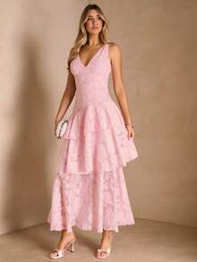 Enchnt V-Neck Cutout Waist Flattering Vacation Dress - Pink - View 3