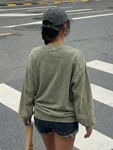 Muchica Casual Washed Military Green Long Sleeve T-Shirt For Women, Spring/Autumn - Army Green - View 2