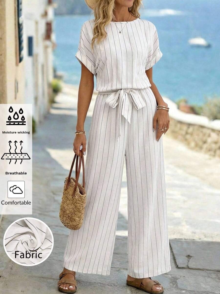 SHEIN Clasi 女士新款优雅连体裤，配有腰带，收腰设计，亚麻质感条纹面料，舒适宽松休闲连体裤，适合工作和通勤穿着。 - 彩色 - 查看 1