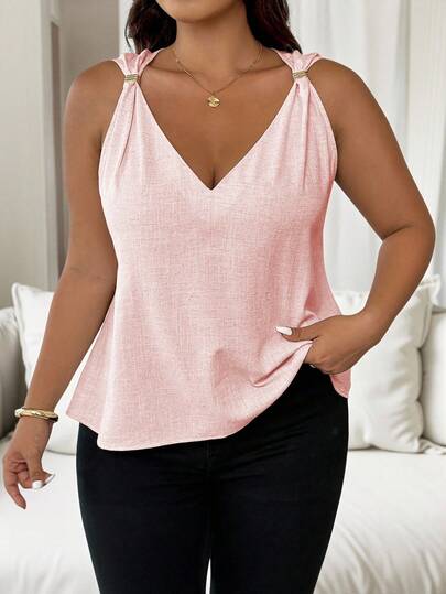 Vionelle Plus Size Women's Elegant Chic Lightweight Luxury Casual Vacation Commute Comfortable Loose Solid Color Linen V-Neck Spaghetti Strap Metal Decor Tank Top, Spring/Summer Light Pink Top Pink Summer Top Baby Pink Top Women Tops Elegant Pink Top Women