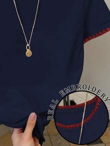 Resyla 女士休闲撞色刺绣边饰短袖T恤，夏季 - 藏蓝色 - 查看 3