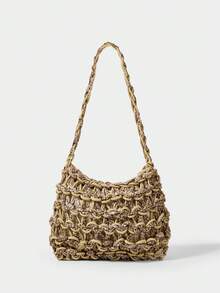 SHECARRY Ladies, Women Shoulder Bag, Hobo Bag, Fashionable, Elegant, Simple, Personalized, Versatile, Classic, Crochet Bag, Orange And Gold, Hollow, For Beach, Vacation, Holiday, Summer, Seaside - Khaki - View 4