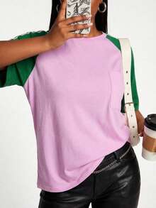SHEIN SXY Áo thun nữ cỡ lớn cổ tròn tay raglan phối màu tương phản dáng rộng thoải mái - Nhiều màu - Xem 9